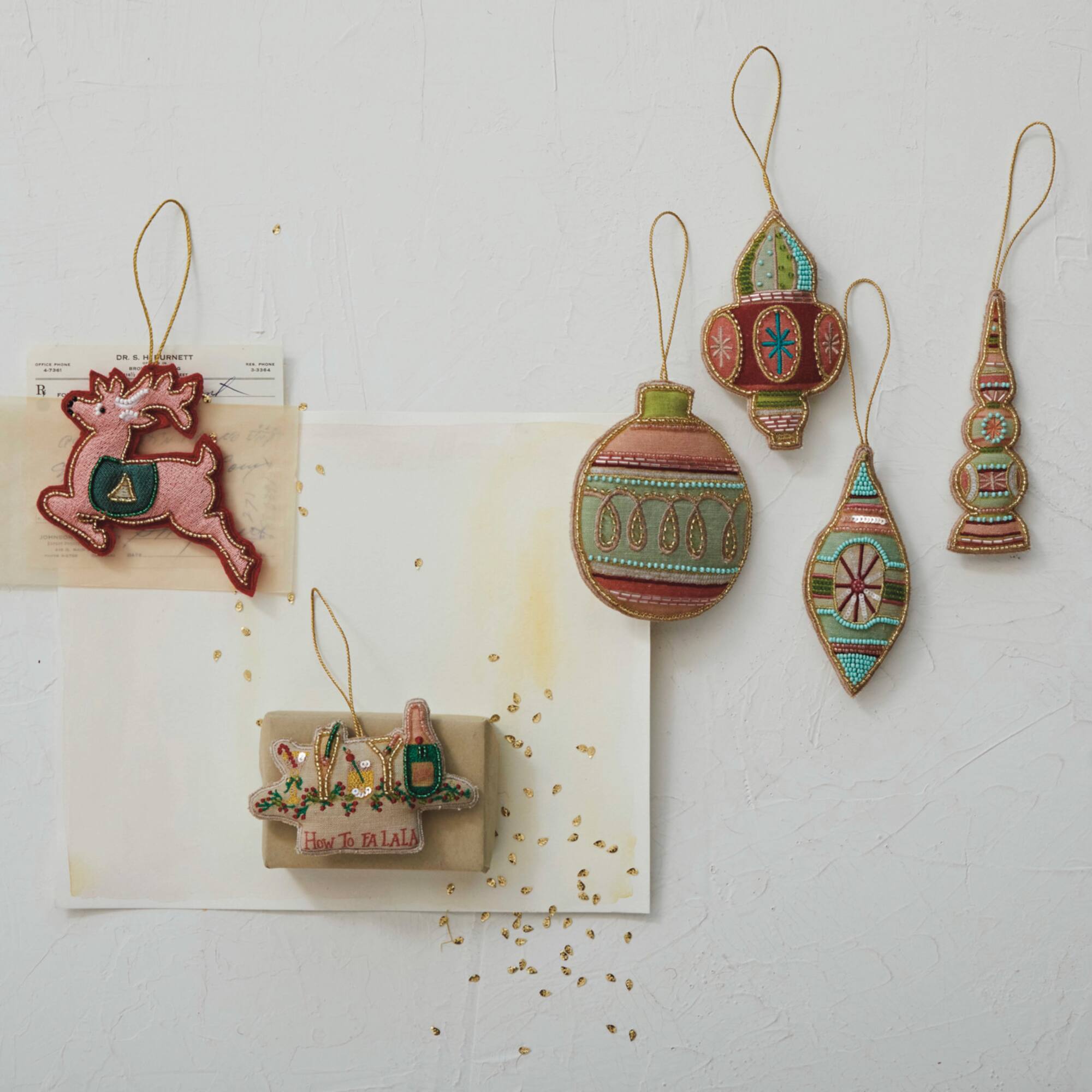 Hello Honey® 4 Pack 4.75" Glass Bead Embroidered Classic Shapes Cotton Fabric Ornaments